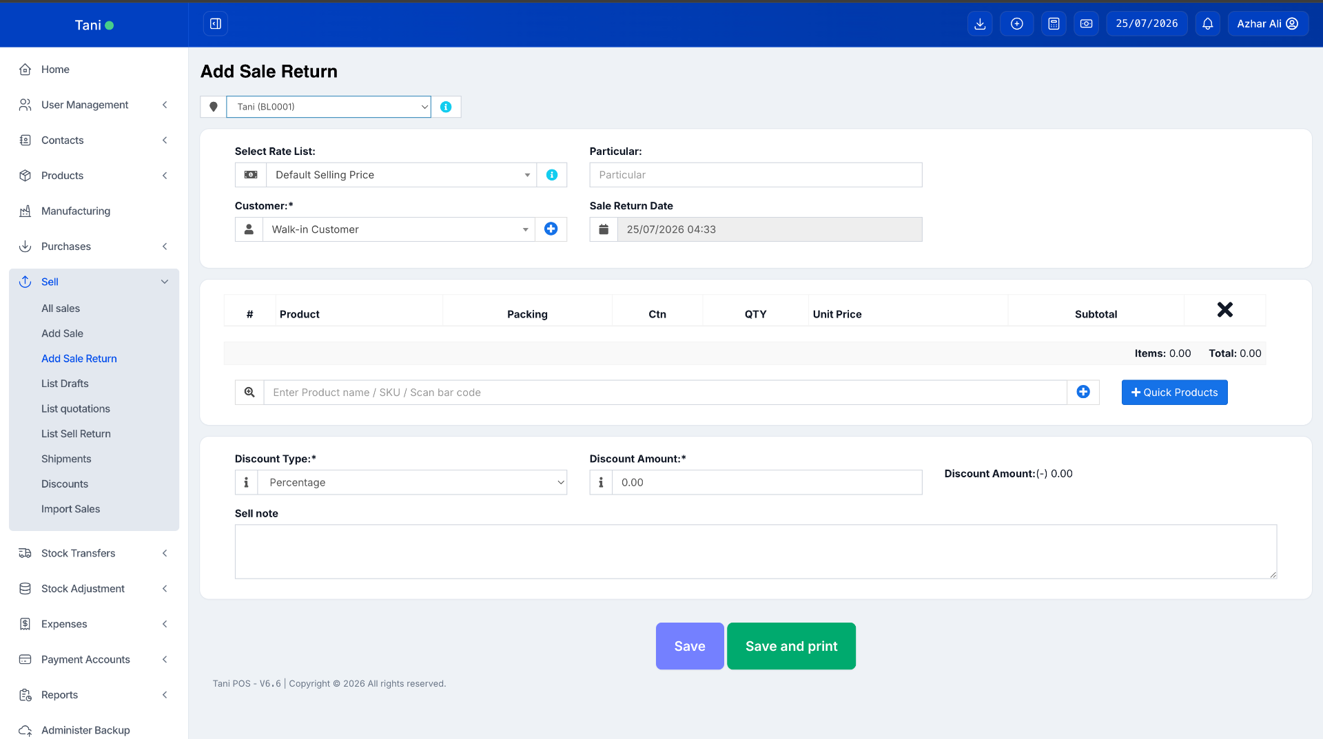 Tani POS Add Sale Return screen with customer, rate list, and product entry fields.