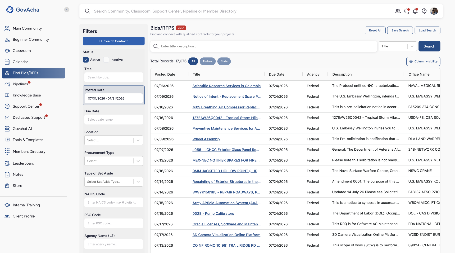 Govacha Bids and RFPs screen with filter panel and results table