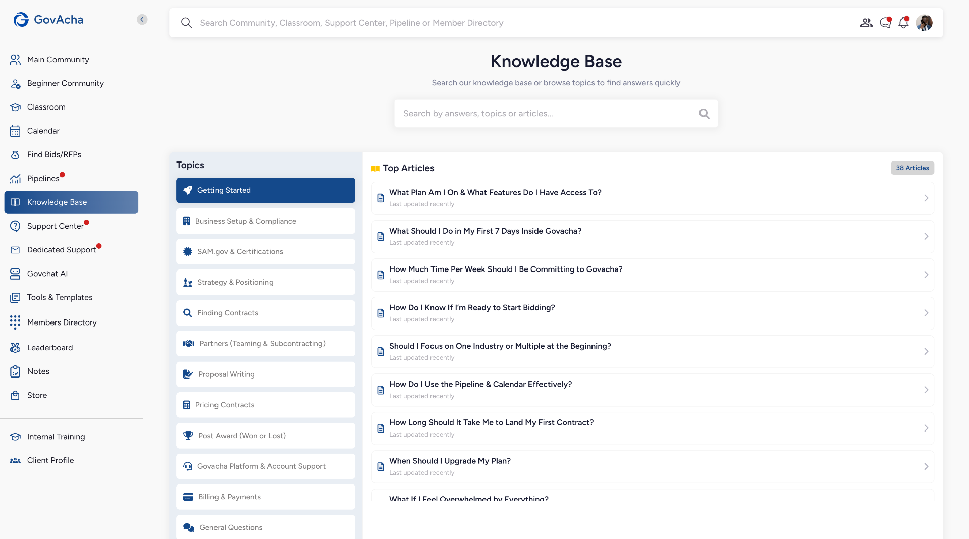 Govacha Knowledge Base with topic list and top articles