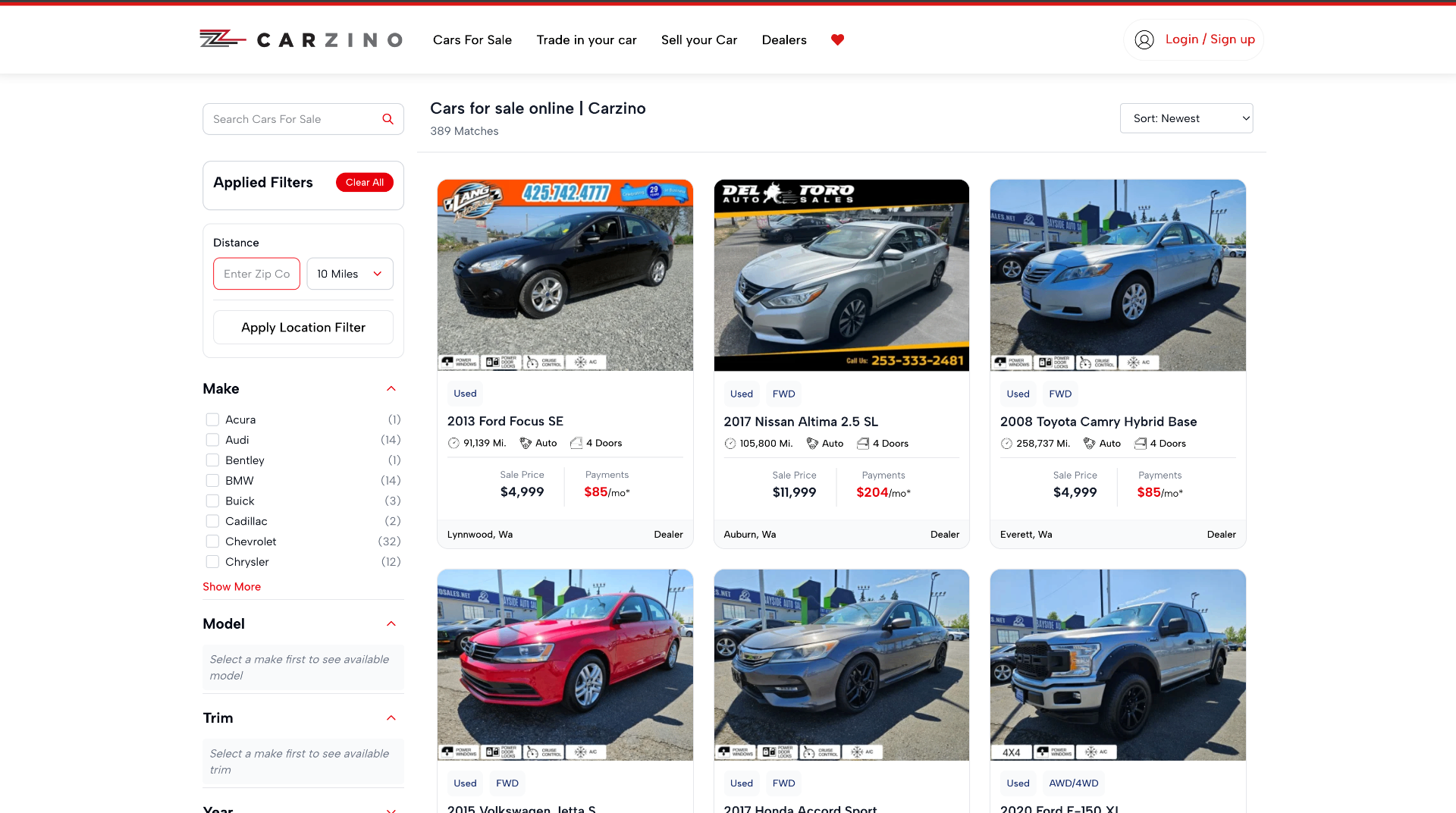 Carzino vehicle inventory search and filtering interface.