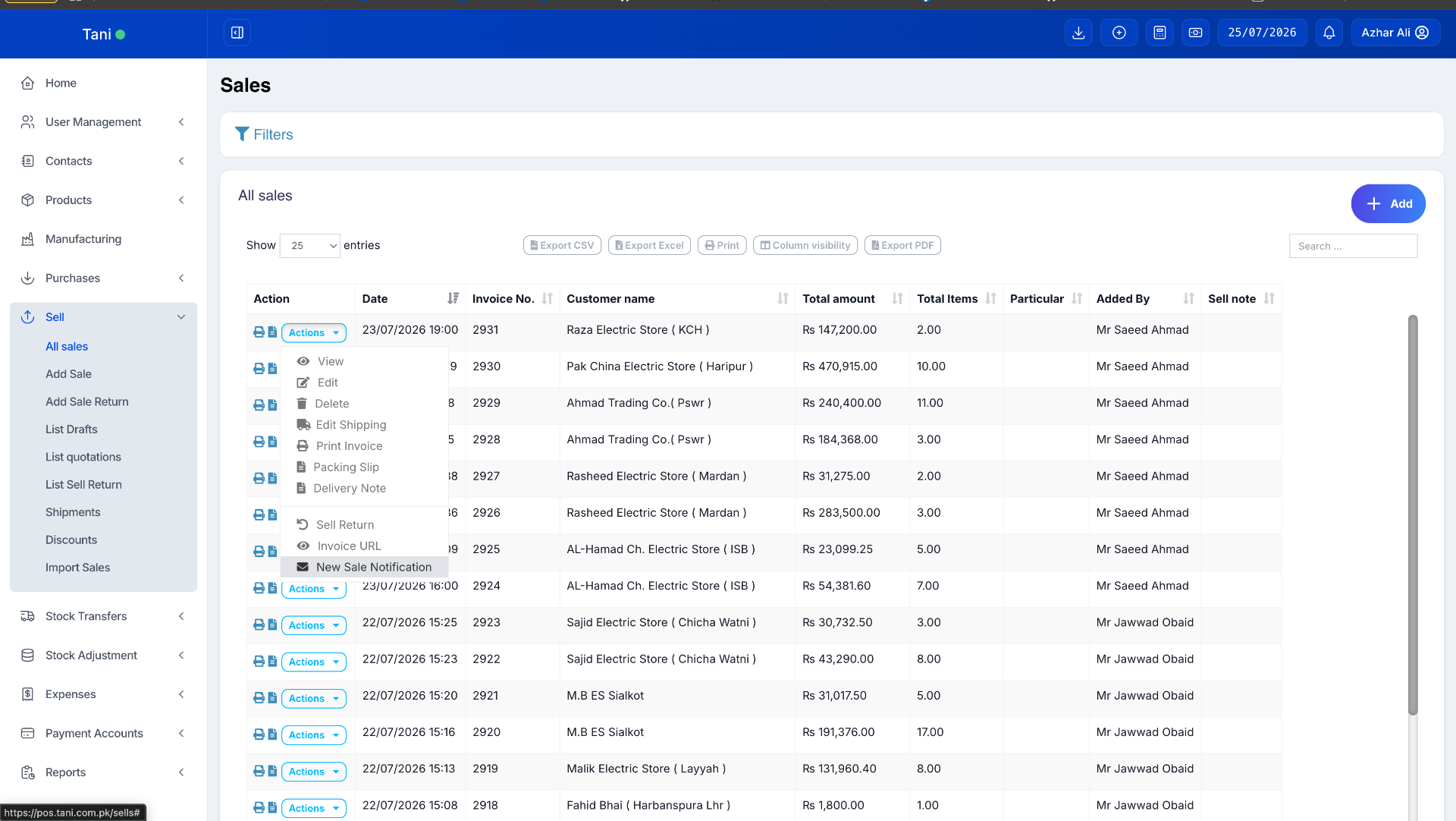 Tani POS sales list with actions menu including a new sale notification option.